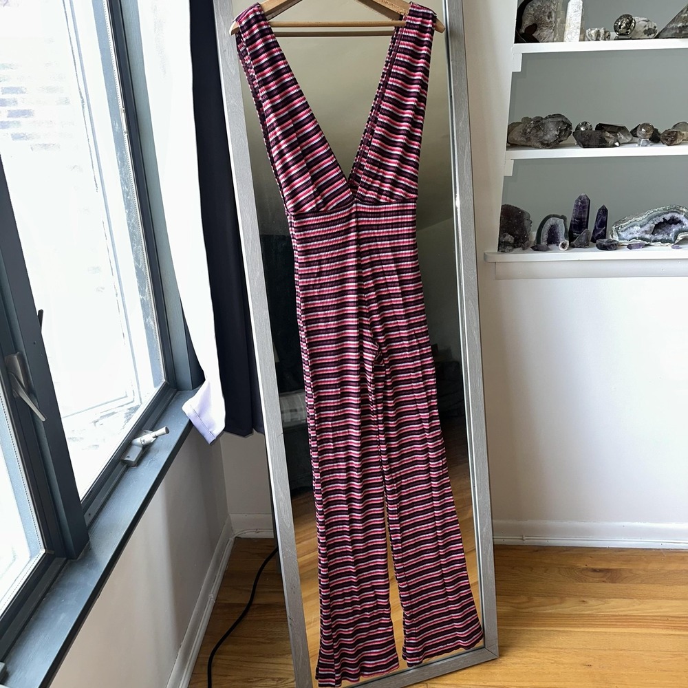 Reformation Jumpsuit S‎ Burgundy Striped Ribbed Deep V Neck Flare Sleeveless USA